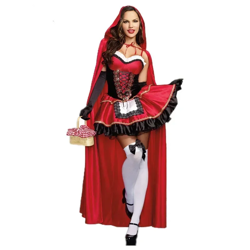 Kostým pre malú červenú jazdectvo pre ženy Fancy Adult Halloween Cosplay Fantasia Carnival Fairy Tale Plus veľkosti dievčenské šaty+plášť+