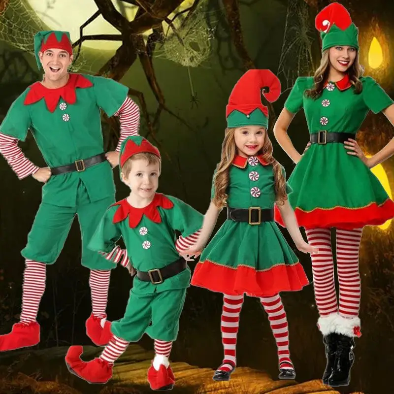 Kostým vianočných škriatkov pre dospelých Santa Claus Cosplay Elf Hat Shoes Belt ponožky luxusné oblečenie Červené zelené muži Ženy Vianoce oblečenie