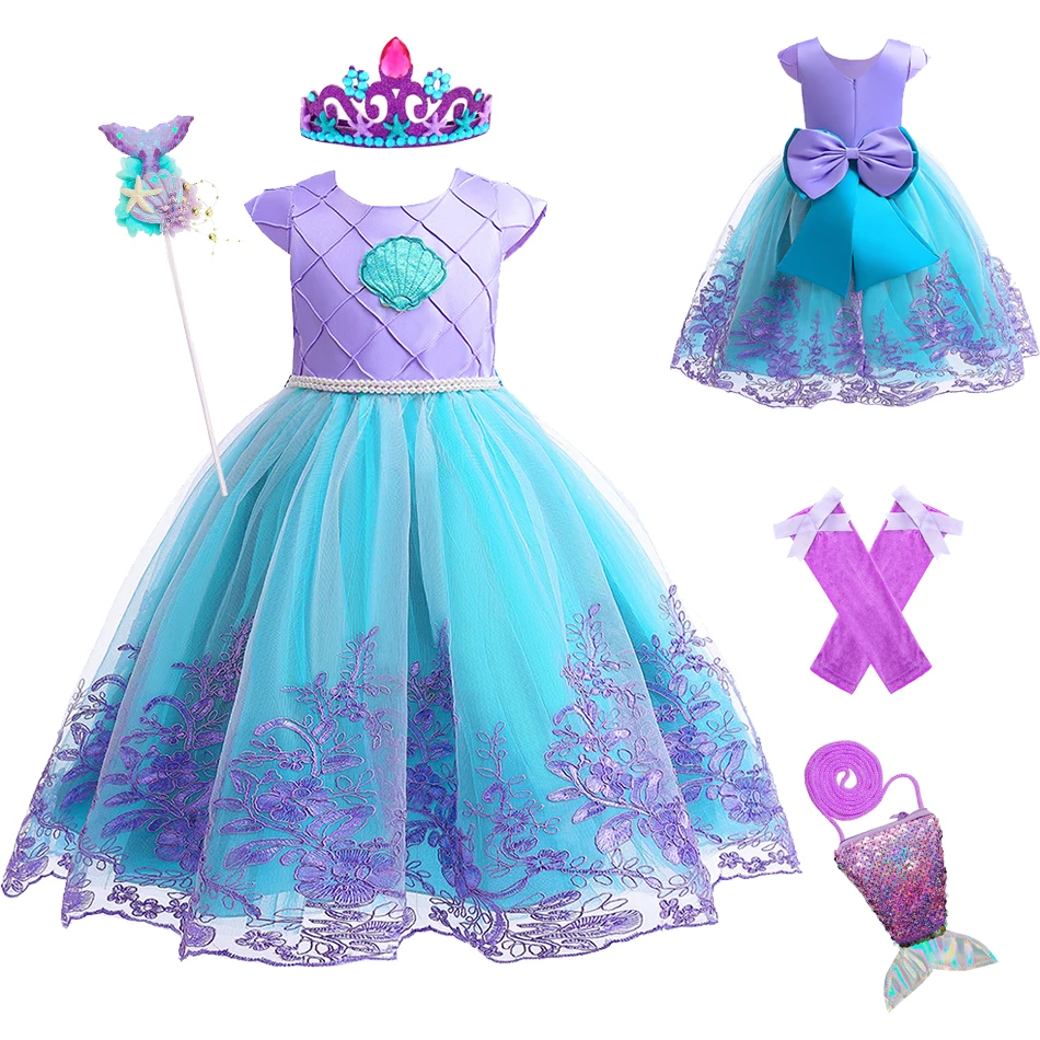 Kostým z morskej panny Dievčatá Dievčatá Detské deti Modré a fialové šaty Little Mermaid Ariel Lace Mesh Dress Mermaid Cosplay Clothing 2-10Y