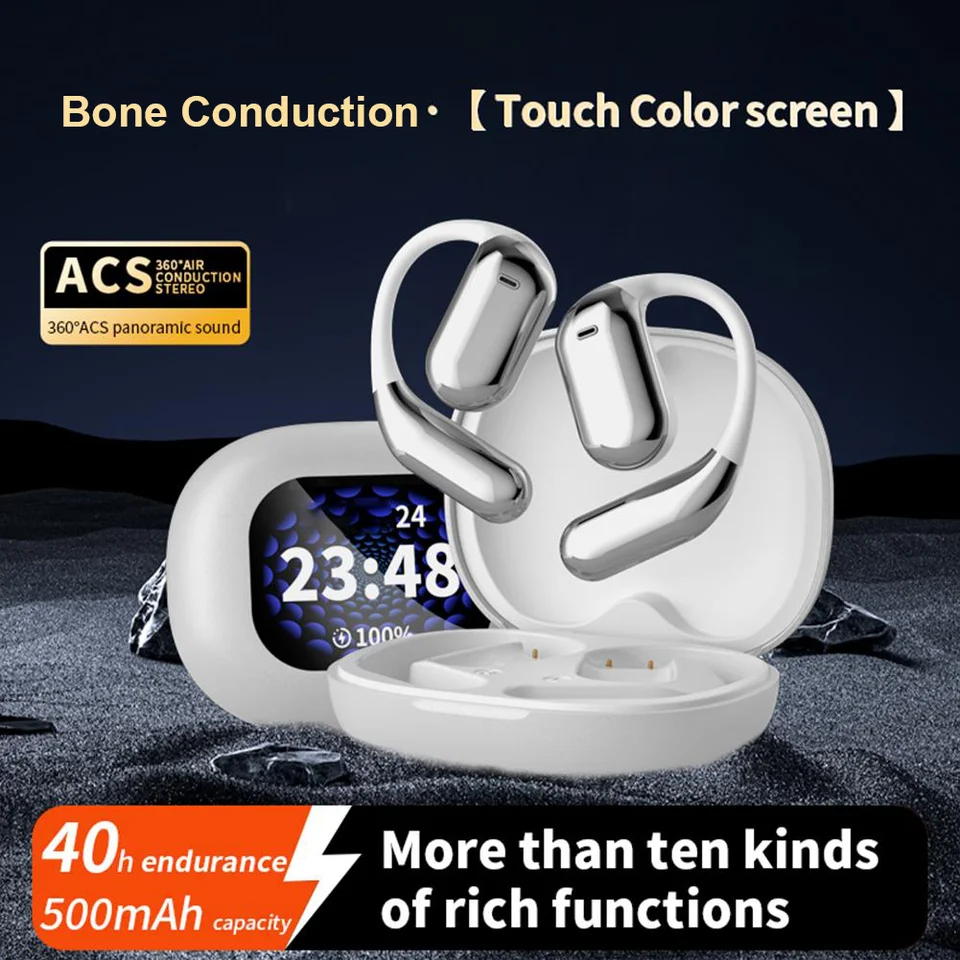 Kosť vedenie Earhook LCD farebná dotyková obrazovka Bluetooth 5.4 slúchadlá SUCK SUCK ZRUŠENIE IPX7 Vodotesný športový púčik duálny mikrofón