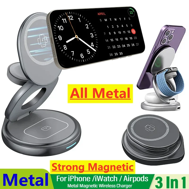 Kov 3 v 1 Magnetic Wireless Stand For Magsafe iPhone 16 15 14 13 12 Apple Watch 1-9 AirPods 3/2 rýchle nabíjacie stanica
