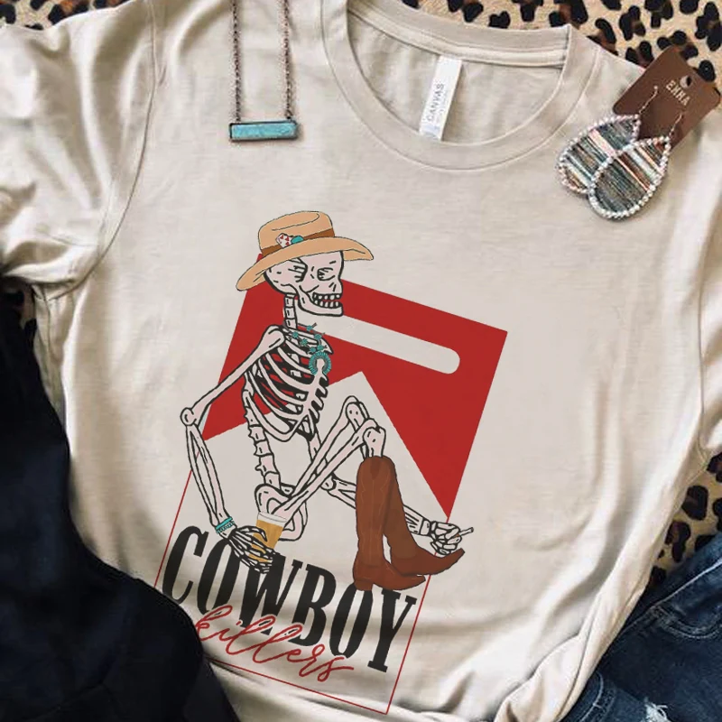 Kovboj vrah vintage západné tričká Ženy hippie boho country hudba tričko s nadmernou kravou cowgirl roztomilé vtipné tričko ženské topy