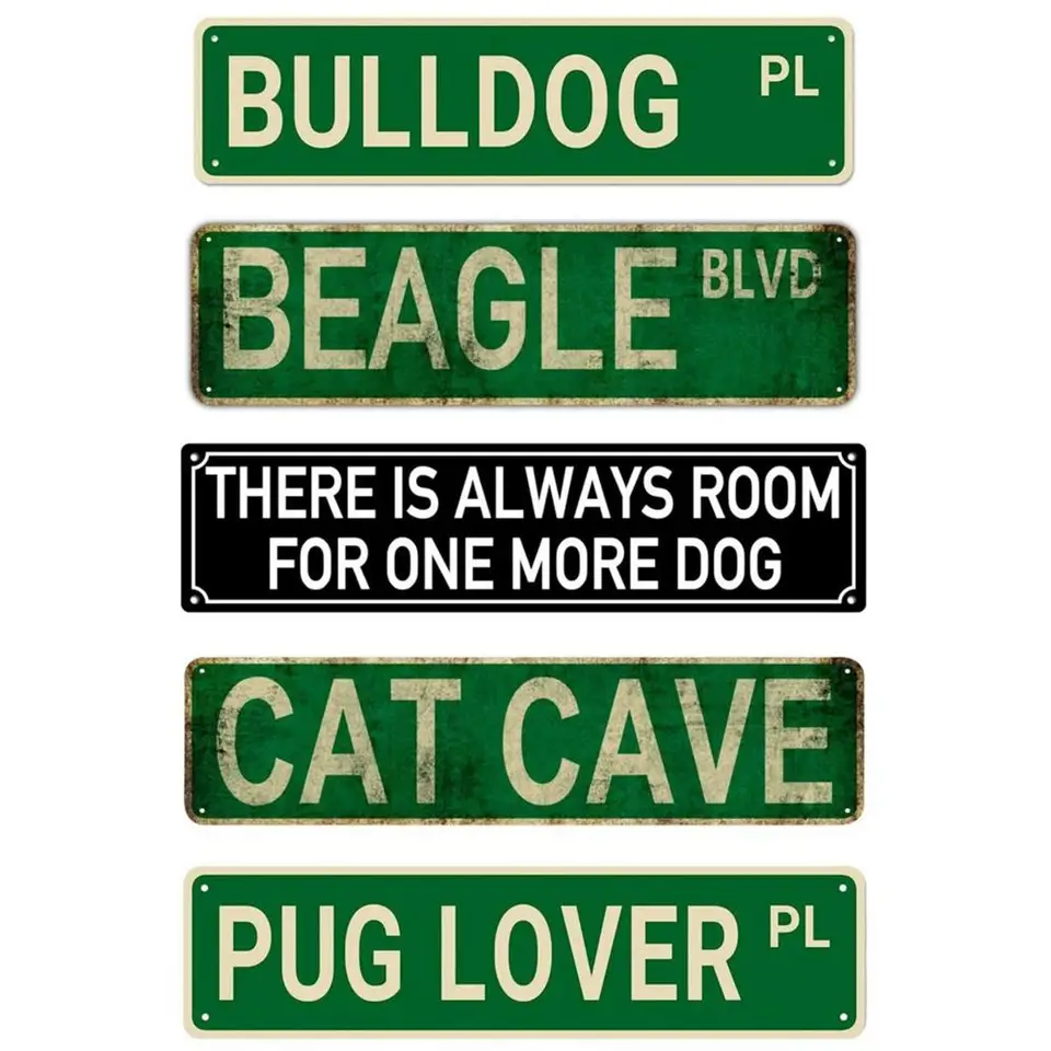 Kovová plechová značka pre dekoráciu nástenných výzdobní, Cat Cave, Bulldog Novinte Street Sign, Mops Vintage, Domovská miestnosť, reštaurácia, bar, kaviareň