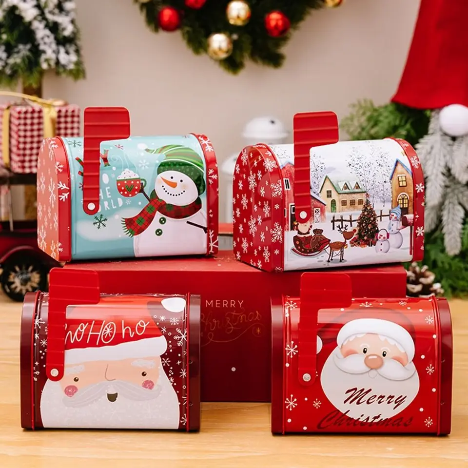 Kovová vianočná cukrová skrinka veľká kapacita Money Bank Mail schránka Cookie Box Mailbox v tvare sušienky Candies Chocolates vianočné plechové box