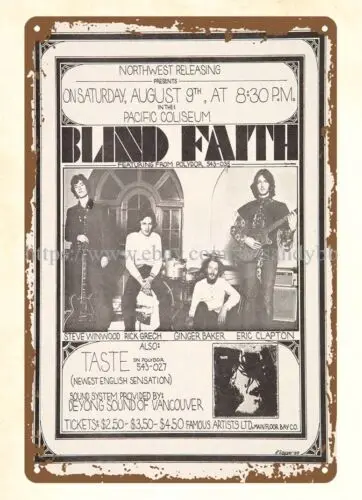 kovové dvere 1969 slepá viera Eric Clapton Vancouver Canada Concert Metal Cin Sign