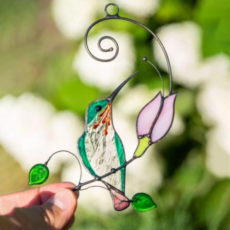 Kovové farebné sklo ručné okno Záhradné okno Balkón Hummingbird Yard Domov stena zavesenie vták Ozdob