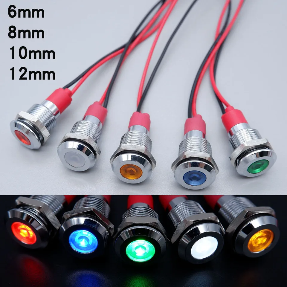 Kovové indikátorové svetlo 6 mm 8 mm 10 mm 12 mm LED Výstražné signálne lampa Pilot s drôtom 3V 12V 24V 220V Red Blue Green Orange White