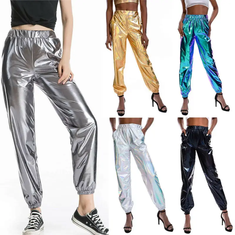 Kovové lesklé joggerové nohavice Ženy HAREM HIP HOP HIP HIGHLED BLITTENING Streetwear Elastické nohavice