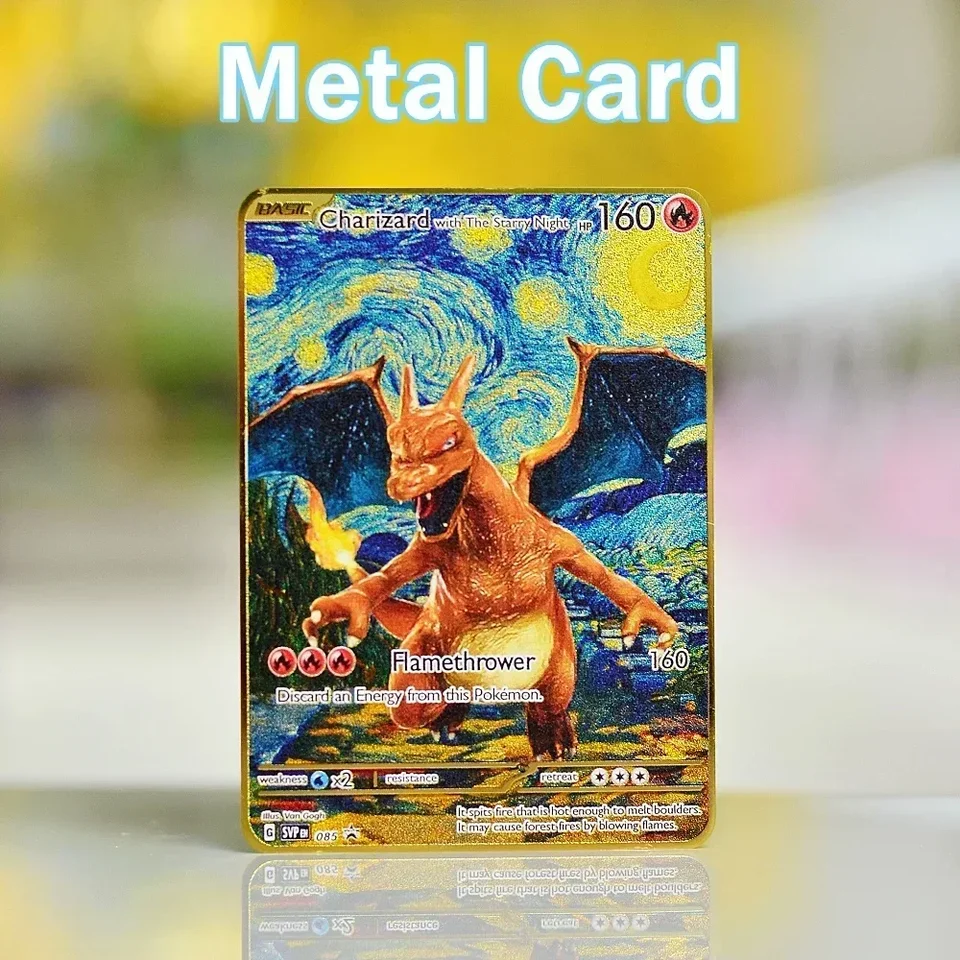 Kovové listy Pokémon Van Gogh Pokemon Cards Charizard Vmax Pikachu GX Mewtwo ex Gold Iron Vstar Card Anime Game Hračky Darčeky pre deti