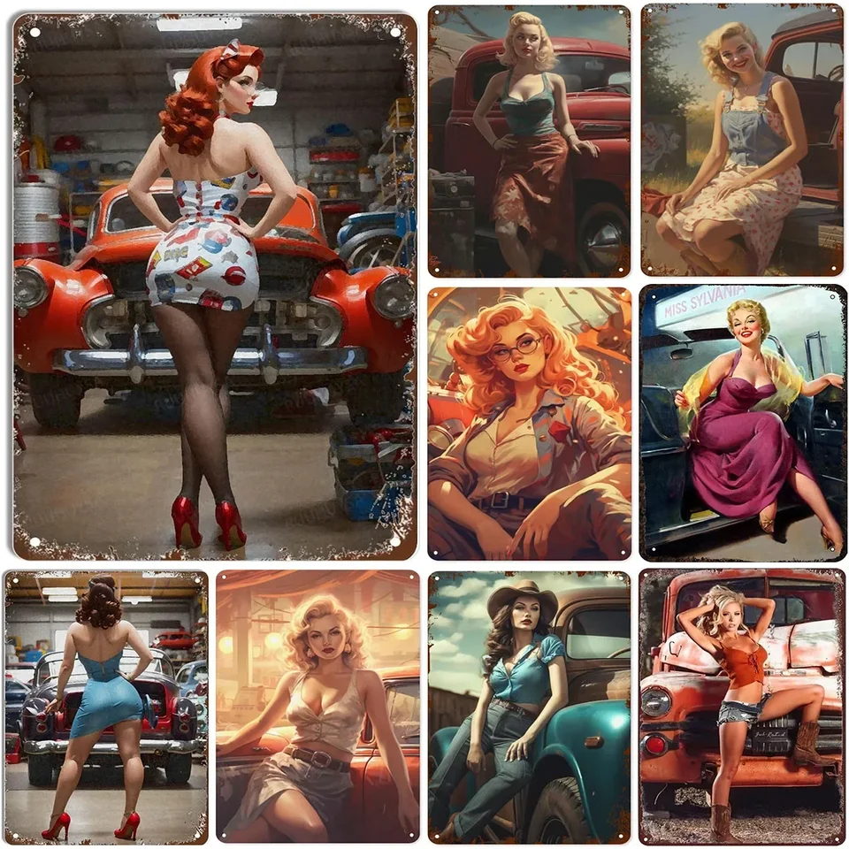 Kovové plechové značky Pin Up Girls Woman Auto sexy dievča Vintage vtipné umenie steny dekorácie pre domáci muž jaskyňa garážové kaviarne Kluby