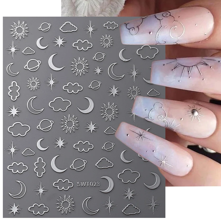 Kovové strieborné hviezdy na nechty na nechty 3D zlaté oblaky Moon Sun Planet Planet Self Adhesive Gel Poľský manikúrny posúvače dekorácie besw-ta