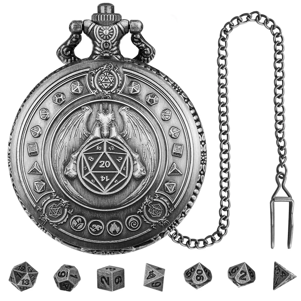 Kovové vreckové hodinky Dice Dragon Objíma kocky vreckové hodinky so 7ks mini kocky set game kocky DND pre hranie rolí hráča hráč