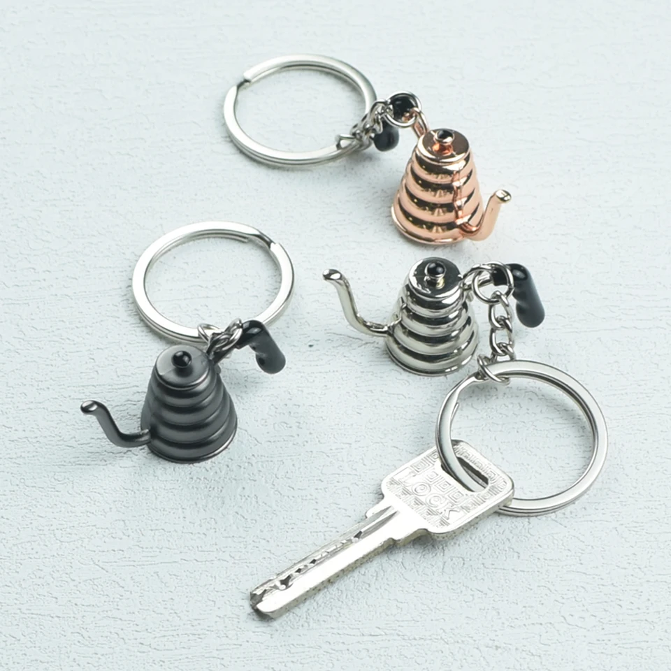 Kovový kľúče držiteľ ruky Kvapka Káva Kettle Keyring Keychain Prívesky Miniatúrne kúzlo Novinka Položka
