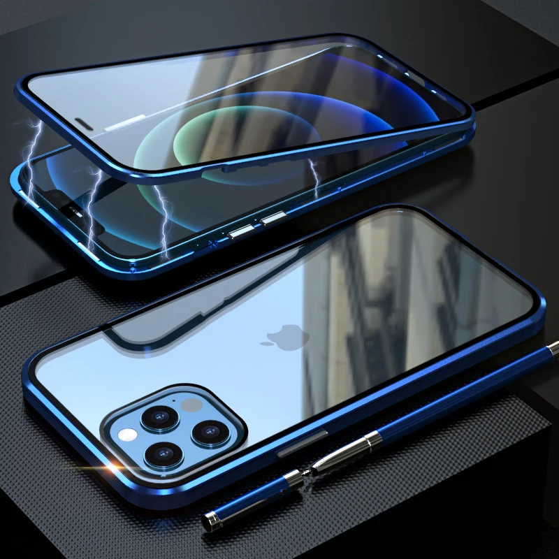 Kovový magnetický pre iPhone 12 Pro 13 11 xr xs max Mini 8 7 plus SE Pase puzdro obojstranný sklenený kryt Coque Fundas Clear Bumper