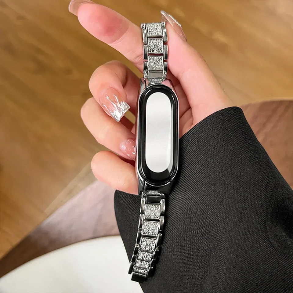 Kovový popruh pre Xiaomi Mi Band 8 7 6 5 4 3 Náramok Luxusný trblietok Plný diamant z nehrdzavejúcej ocele Náramky