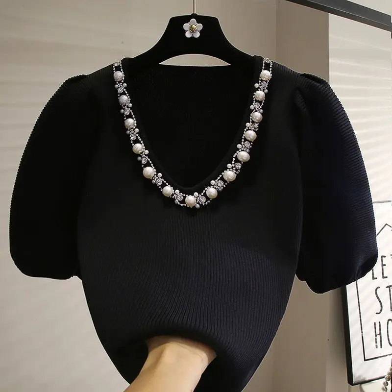 Košele pre ženy Ropa Mujer 2025 Plodina Top Slim Fit Black Bubble Rucked Tričko krátke pletené sveter Kórejské grafické odpaliská