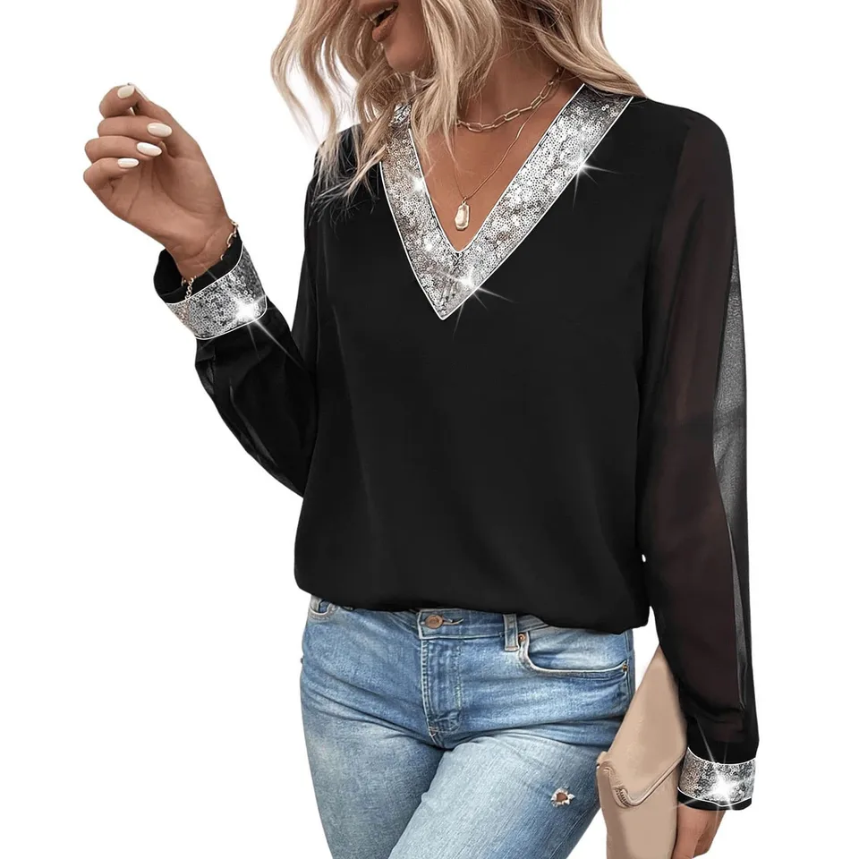 Košele s dlhým rukávom Dámy Elegantné blúzke kontrastné flitre Top V-Gollar Tirls Office Blouses for Fine Woman Formal рубашка рубашка