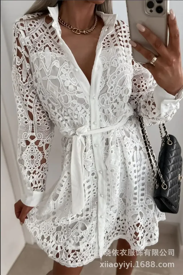 Košele šaty dám stredná dĺžka šaty šnúra košeľa otočte golier biely večierok elegantné šnurovanie šnurovania šnurovania Vestidos s vysokým pásom Vestidos