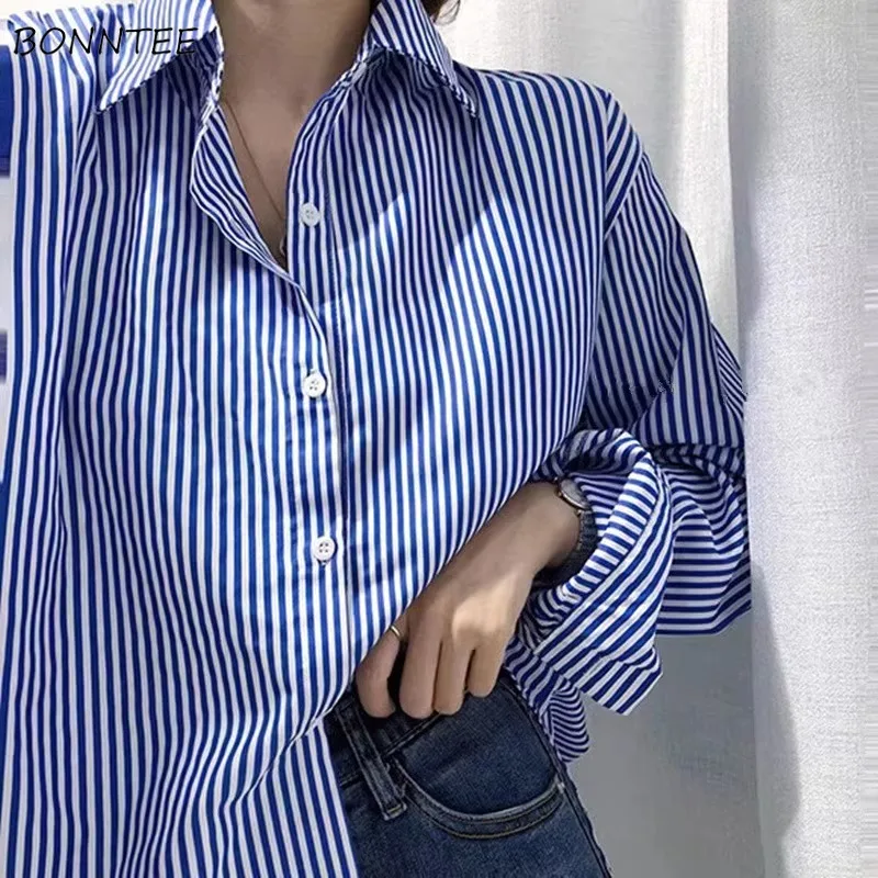 Košele Ženy modré pruhované dizajn s dlhým rukávom voľné elegantné vinobranie Kórejské základné topy Žena All-Match Elegantná kancelária Lady Leisure