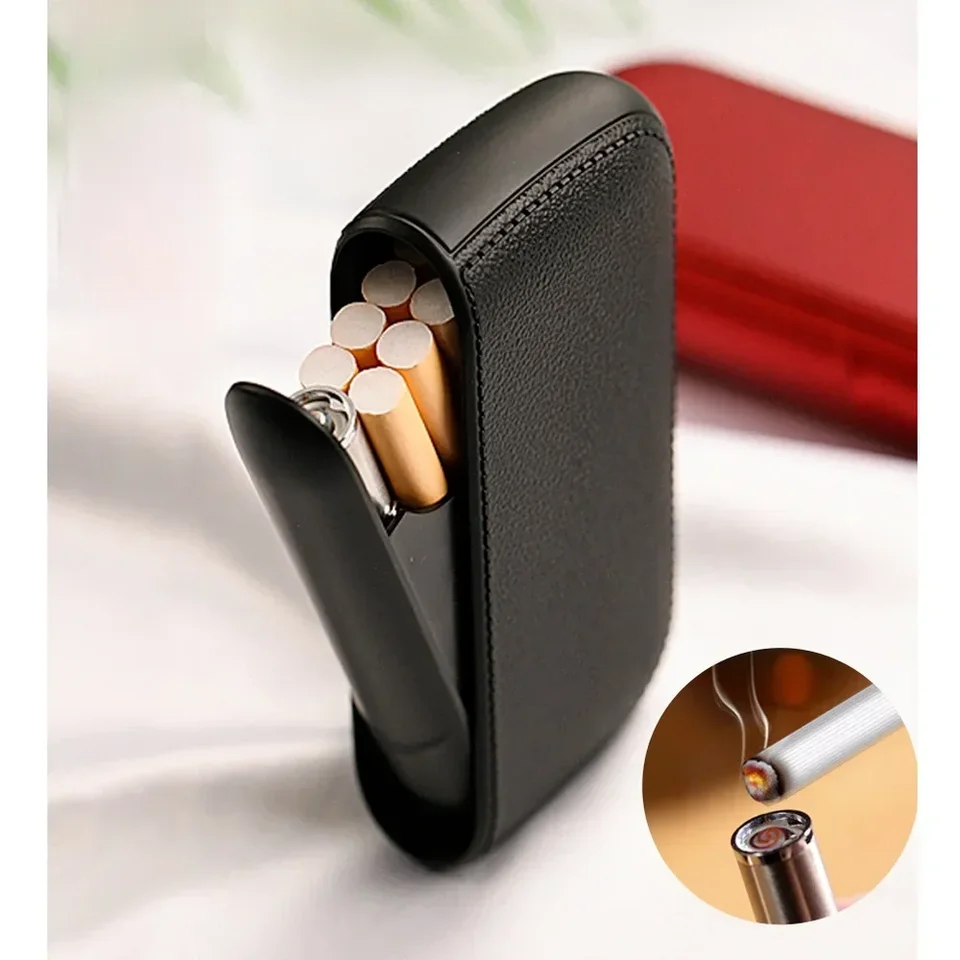 Kožená cigaretová škatuľka Pánsky prenosný USB Elektrický zapaľovač volfrámu Coil Plazma Arc Electronic Svetžový fajčiarsky nástroj