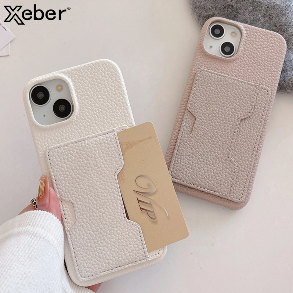 Kožená karta držiteľa kariet pre iPhone 15 Pro Max 14 plus 13 12 11 11 módne karty slot Shock -odolný nárazník Objektív Protector