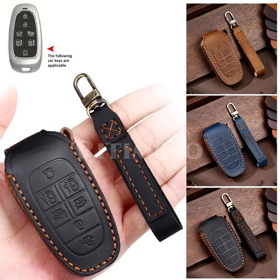 Kožená vzdialená FOB Smart Protective Cover Key pre Hyundai Sonata Tucson Santa Fe 7 Tlačidlá Key s Keychainom