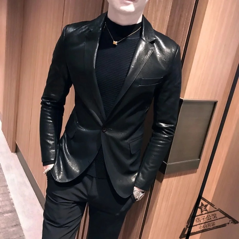 Kožené módne sako muži vyšívané s dvojitým dojčeným slimovým oblekmi klošné večierky Black Formal Short Coat M-3xl