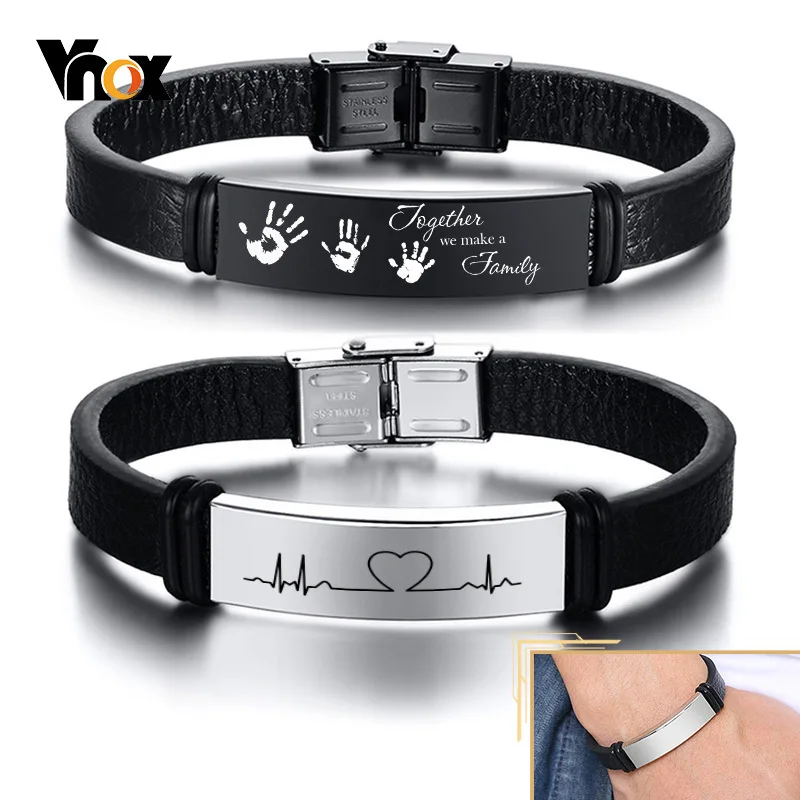 Kožené náramky na mieru vNox pre mužov, 12 mm nerezové ID náramok, personalizovaný darček, mužské ležérne šperky