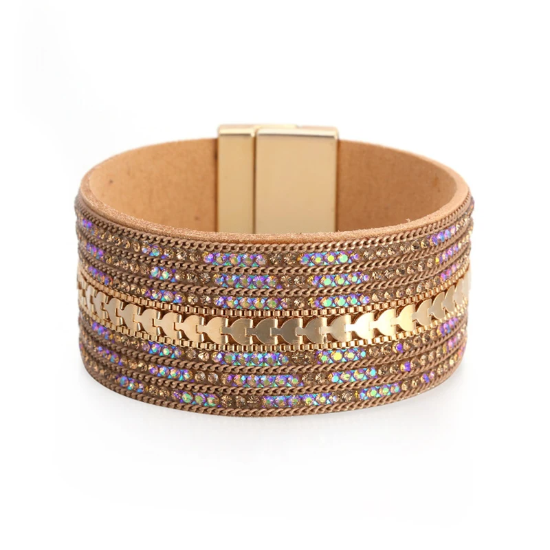 Kožené náramky pre ženy Femme Crystal lemované boho široké zábal náramky a náramky náramok