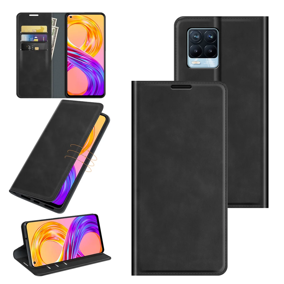 Kožené puzdro pre automatický prepínač pre Oppo Realme 8 (4G Ver. 6.4in) Obal knihy Flip Wallet Book Cover Black 3085 BBK R3085 Realme8 RMX3085