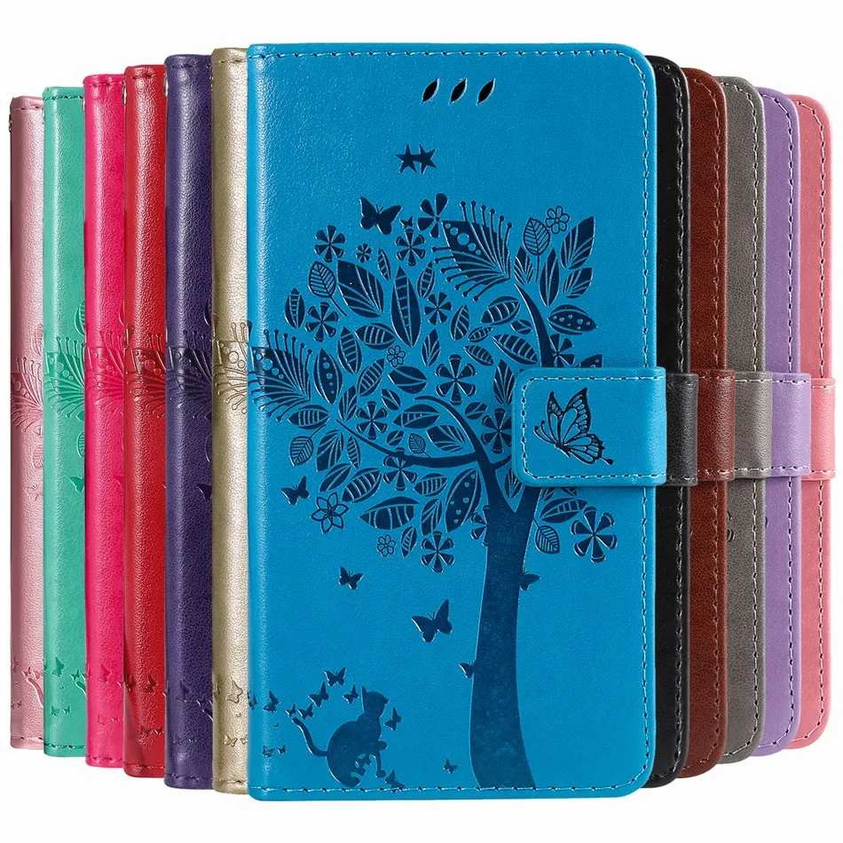 Kožené puzdro pre Samsung Galaxy A14 A34 A54 S23 S22 S21 S20 Fe Ultra S10 Plus 5G Cute Cat Tree Tree Card Card Chráni kryt D06F