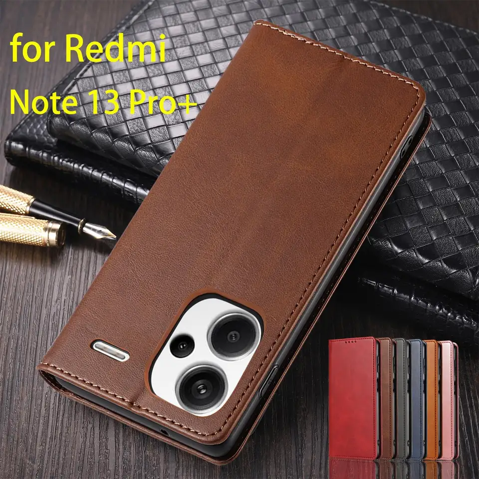 Kožené puzdro pre Xiaomi Redmi Poznámka 13 Pro+ / Redmi Note13 Pro Plus Magnetické atrakcie Púčiky Flip Cover Wallet Fundas Coque