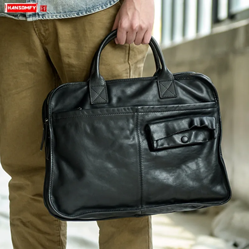 Kožené pánske kufríky Men krížové sekcie Príležitostné kabelky počítačové tašky High-end retro mäkká čierna koža Prenosné obchodné tašky
