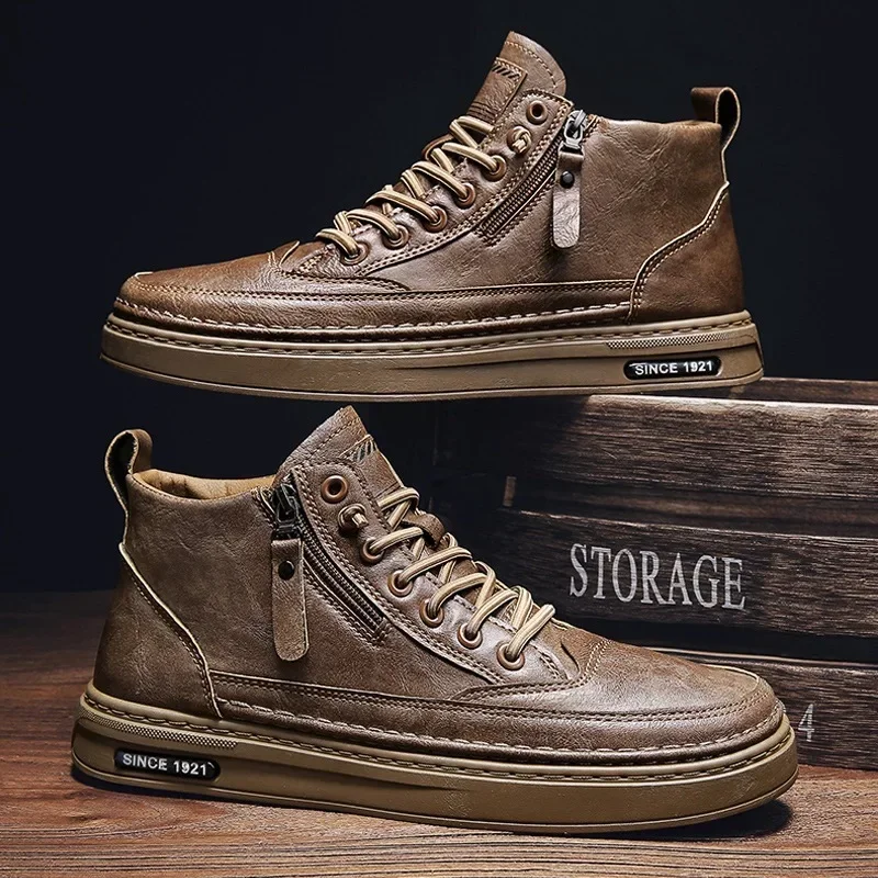 Kožené topánky Men Spring High Casual topánky pre mužov trend zips prechádzky zimné topánky vulkanizované členkové topánky nové Zapatillas552