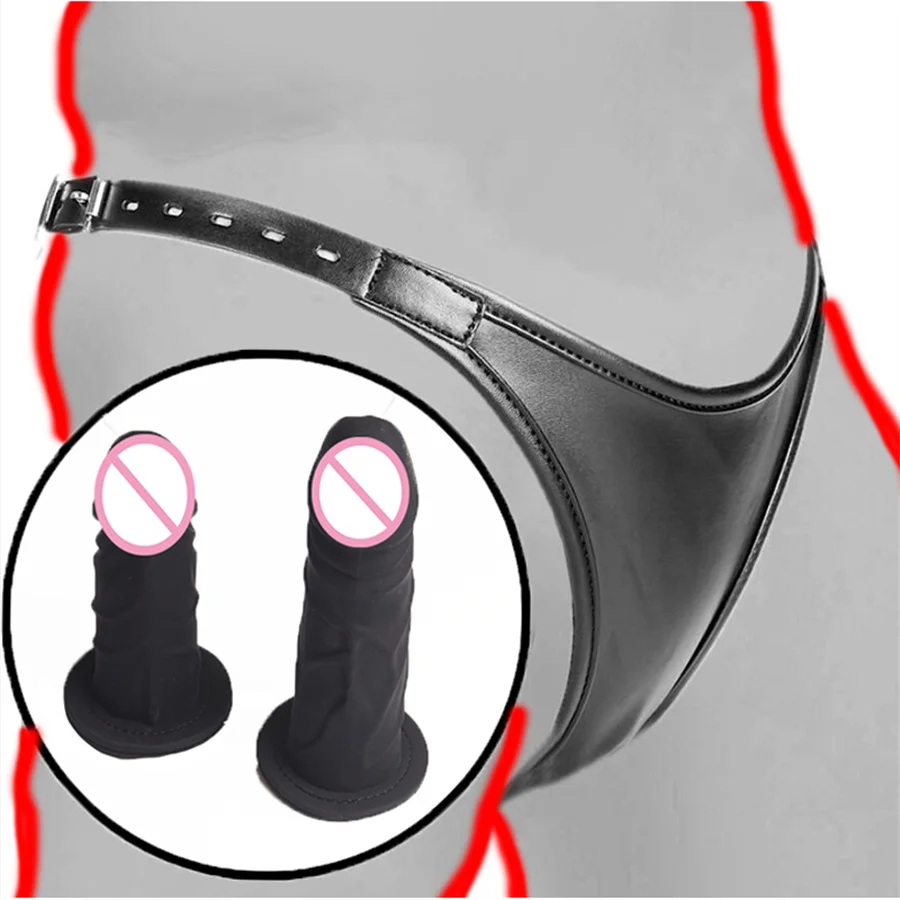 Kožený postroj cudné nohavičky Pleskové nohavičky Silikónové dvojité dildos zadky cudný pás s vaginou