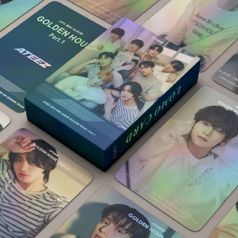 Kpop ateez album Golden Hour Part 1 Boxed karta 55ks/set HD HD Photo Dvojité strany pripevnenie Yunho Mingi Fans Collection