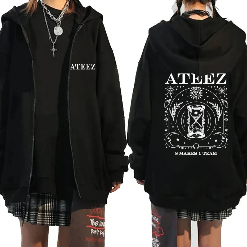 Kpop Ateez Group 8 robí 1 tímová hudba Tour zips kabát 2024 unisex vintage mikina Muži ženy fleece bundy pullovs