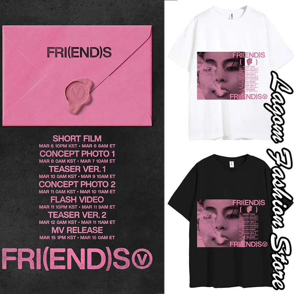 KPOP V Friends tričko letné ženy Men Men Cotton O-krk vrcholy Tees módne oblečenie s krátkym rukávom Žena Kórejské príležitostné streetwear