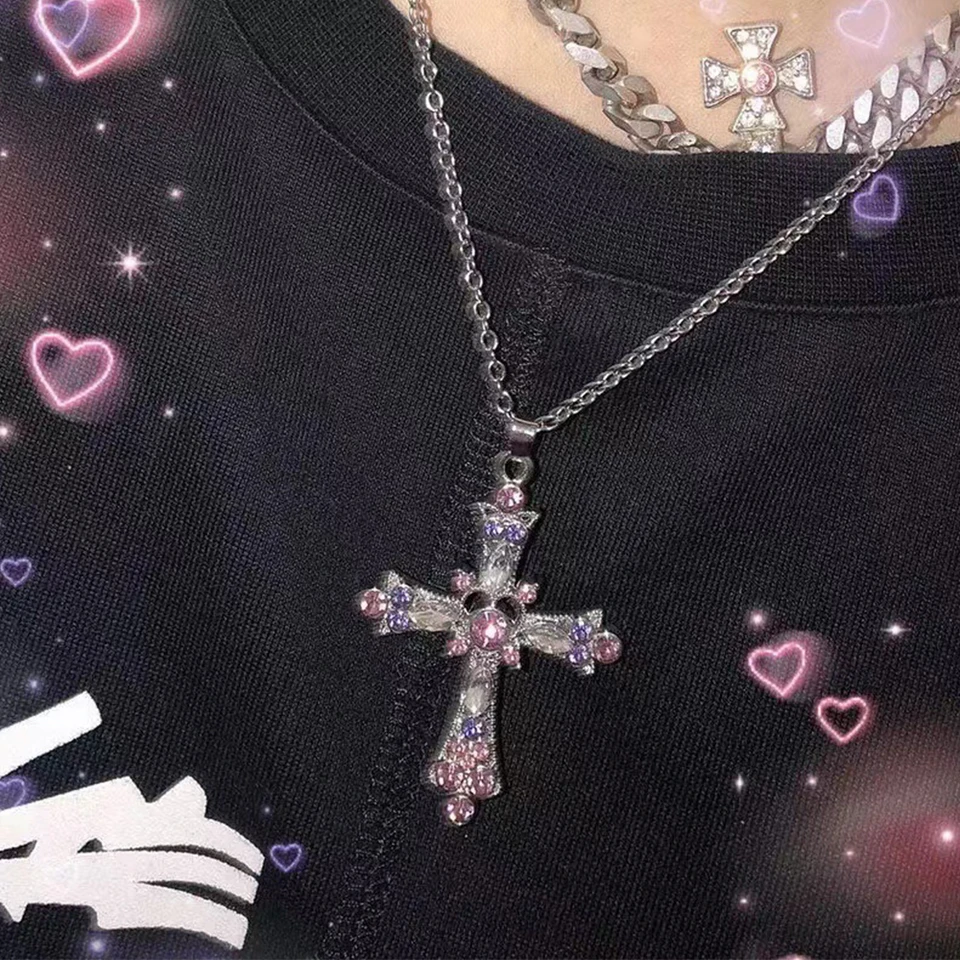 KPOP Y2K strieborná farba kubický zirkónový kríž náhrdelník pre ženy Teen Goth Grunge Sweet Cool Civele reťaz prívesok Náhrdelník šperky