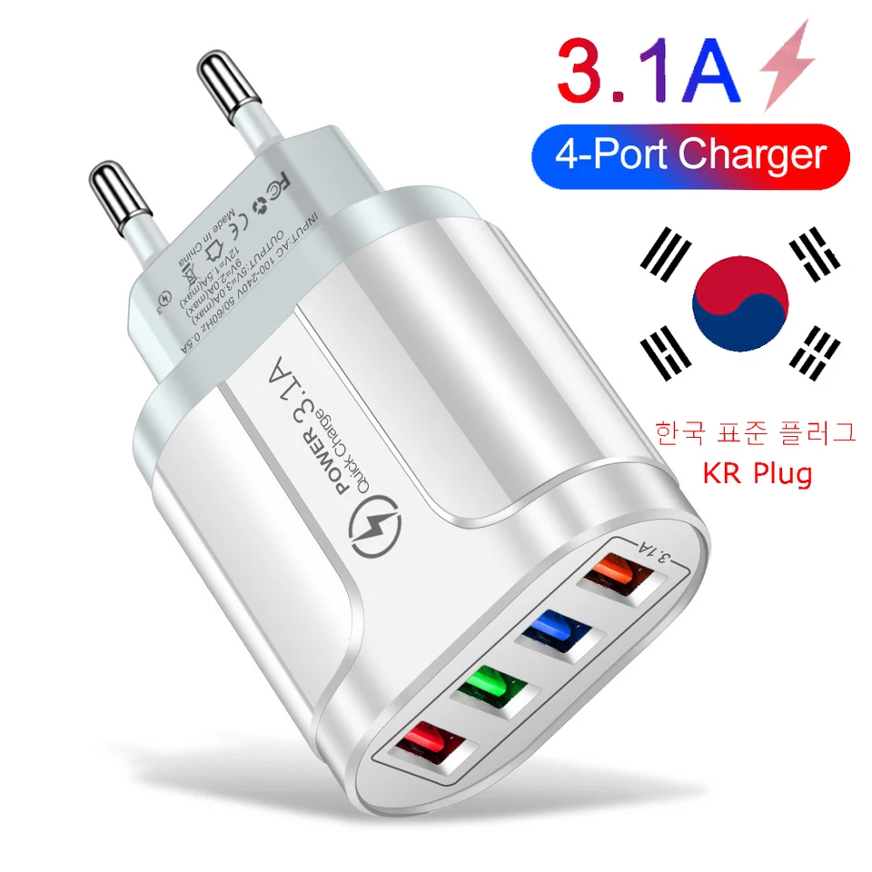 KR Plug Fast Charger Kórejská rýchla nabíjačka 3.1a nabíjačka mobilného telefónu 4 porty Multi nabíjačka USB Wall Charger Adapter 충전기