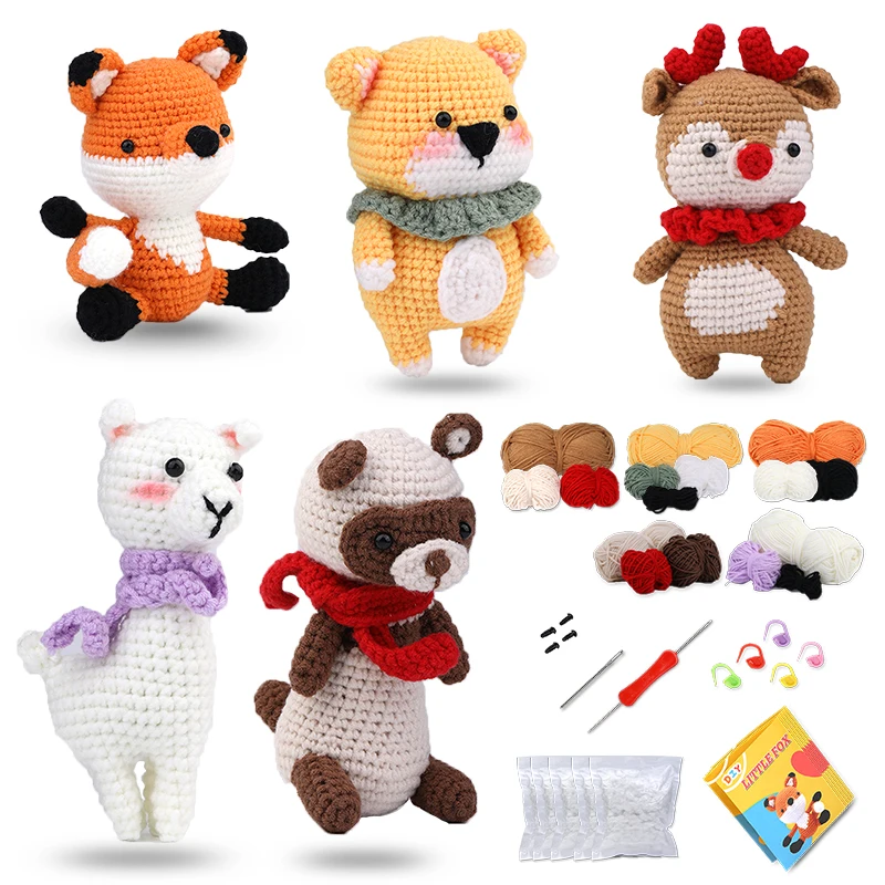 Krabal Crochet Animal Kit pre začiatočníkov s videozáznamom bavlnená pletaná niť niť ihla Háčik