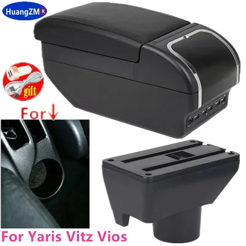 Krabica lakťovej skrinky pre Toyota Yaris Vitz Vios 2011-2017 Duálna vrstva Veľký priestor Central Central Store s nabíjaním držiaka vodného pohára popolníka USB