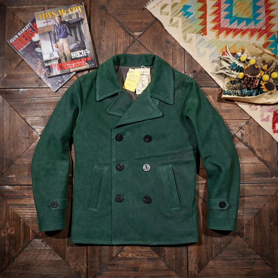 Krajina Brando Classic American Vintage Pea Coat Zelenina opálená cowhide Pánsky dvojradový kabát 740