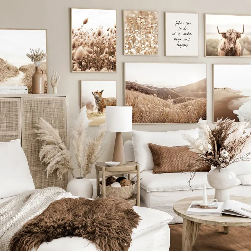 Krajina nástenná umenie líška Highland Highland Reed Autun Canvas Painting Nordic Plagáty a výtlačky nástenné obrázky pre dekoráciu obývacej izby