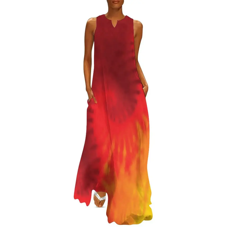 Kravata farbiva Šaty žltá oranžová červená špirála sexy maxi šaty ulica Wear Čechia dlhé šaty ženské V krk dizajn veľkej veľkosti Vestidos
