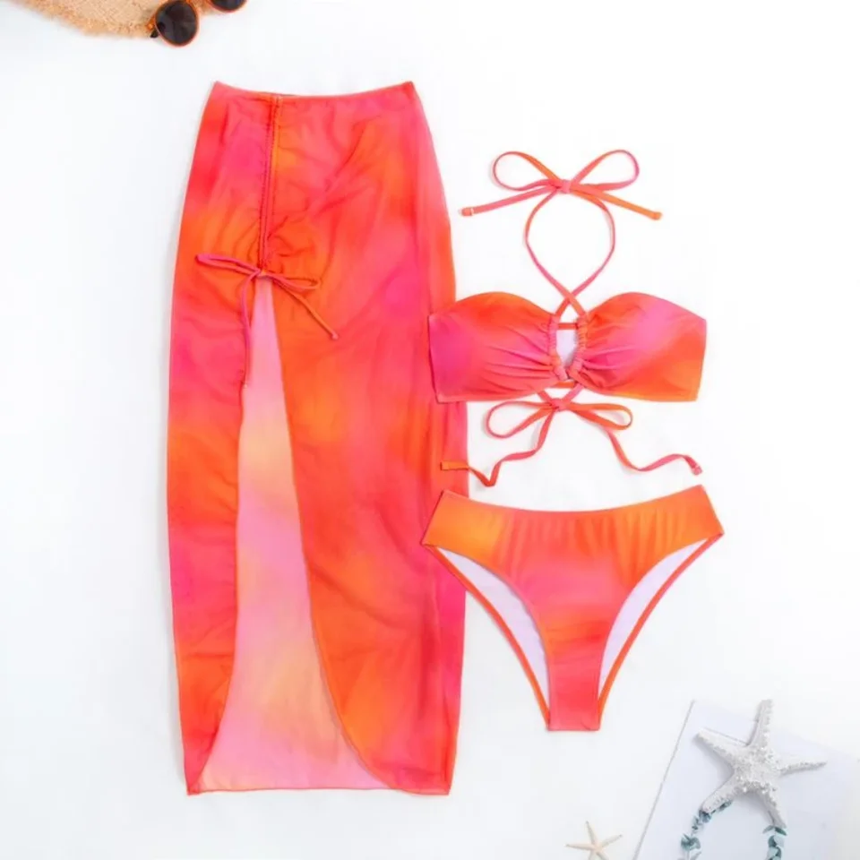 Kravata Farbové tlač 3 -dielne bikiny súpravy halebrových plaviek so sarong sukňou zakryte ženy s nízkym pásom plavky na plaviek Čalúnený plavky
