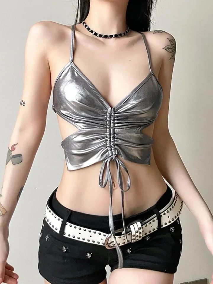 Kravata späť plodina top backless ednater top women nervózne oblečenie y2k doplnky strieborný klub outfit špagety remienok Butterfly ropa Mujer