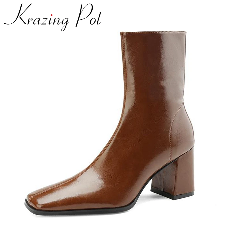 Krazing Pot Cow Split Leather Square Toe Husté vysoké podpätky Moderné topánky Veľká veľkosť 42 Orientálne francúzske romantické topánky zipsov