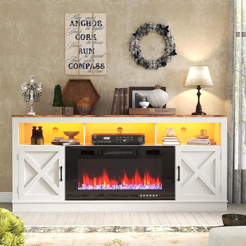 Krbová televízna stojan pre televíziu 70/75/80 palca, 32 ”vysoké zábavné centrum s 36” elektrickým krbom a LED svetlom, 70 ”mediálna konzola