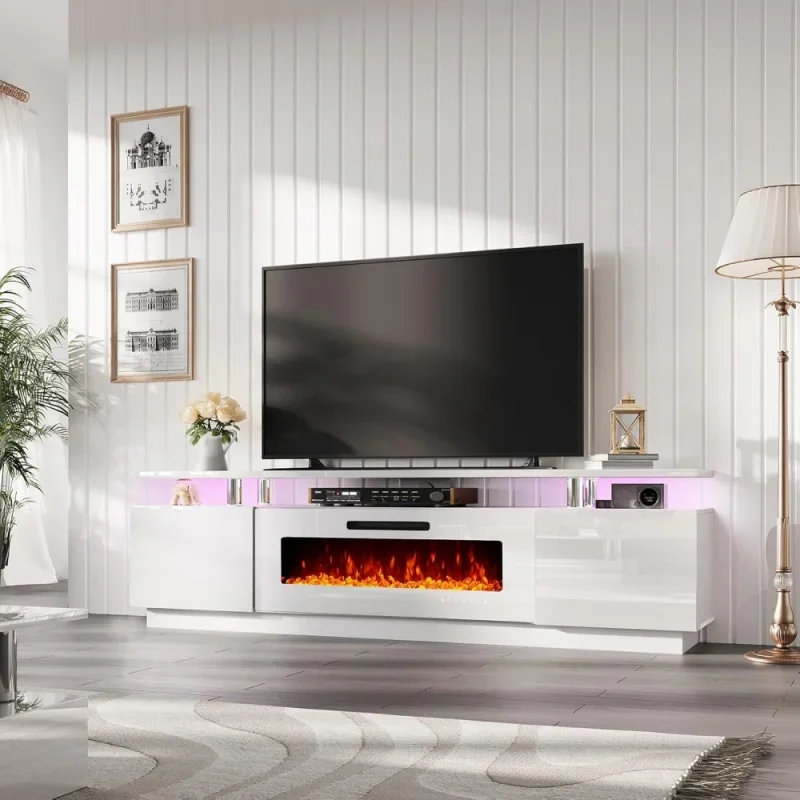 Krbová televízna stojan so 40 Krbou, 80 Modern High Gloss Fireplace Entertainment Center LED svetlá, 2 -stupňová televízna konzola CABINE